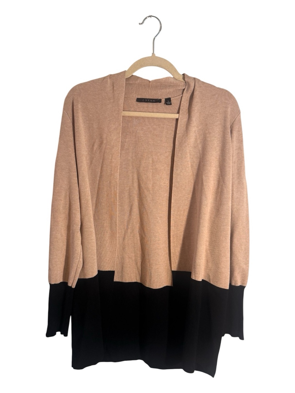 Cyrus Open Front Colorblock Cardigan Sweater - Tan & Black Size L